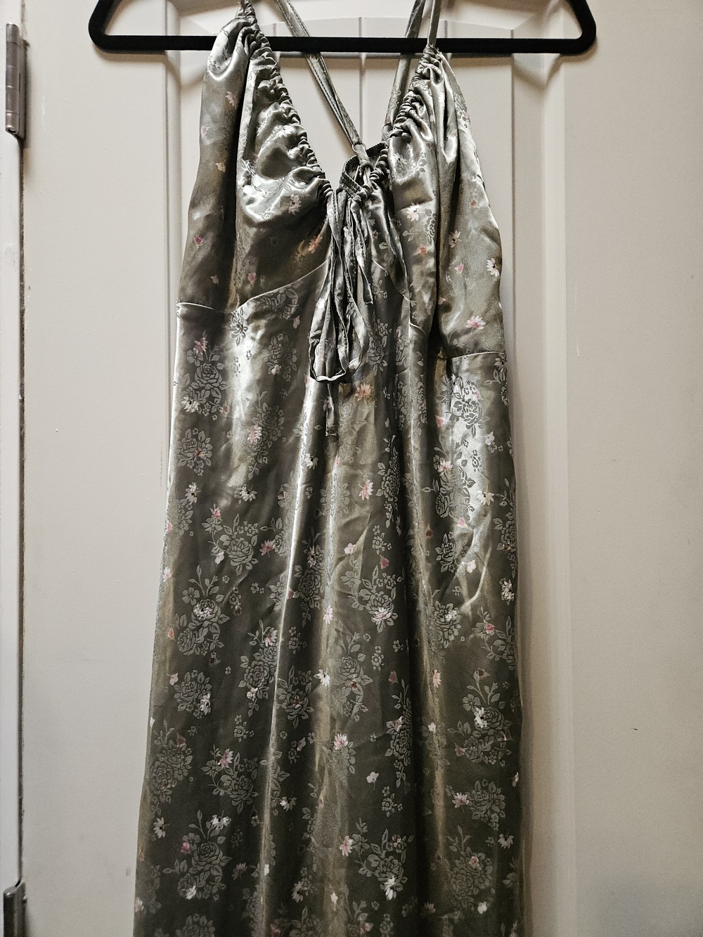 Olive Green Floral Satin Maxi Dress